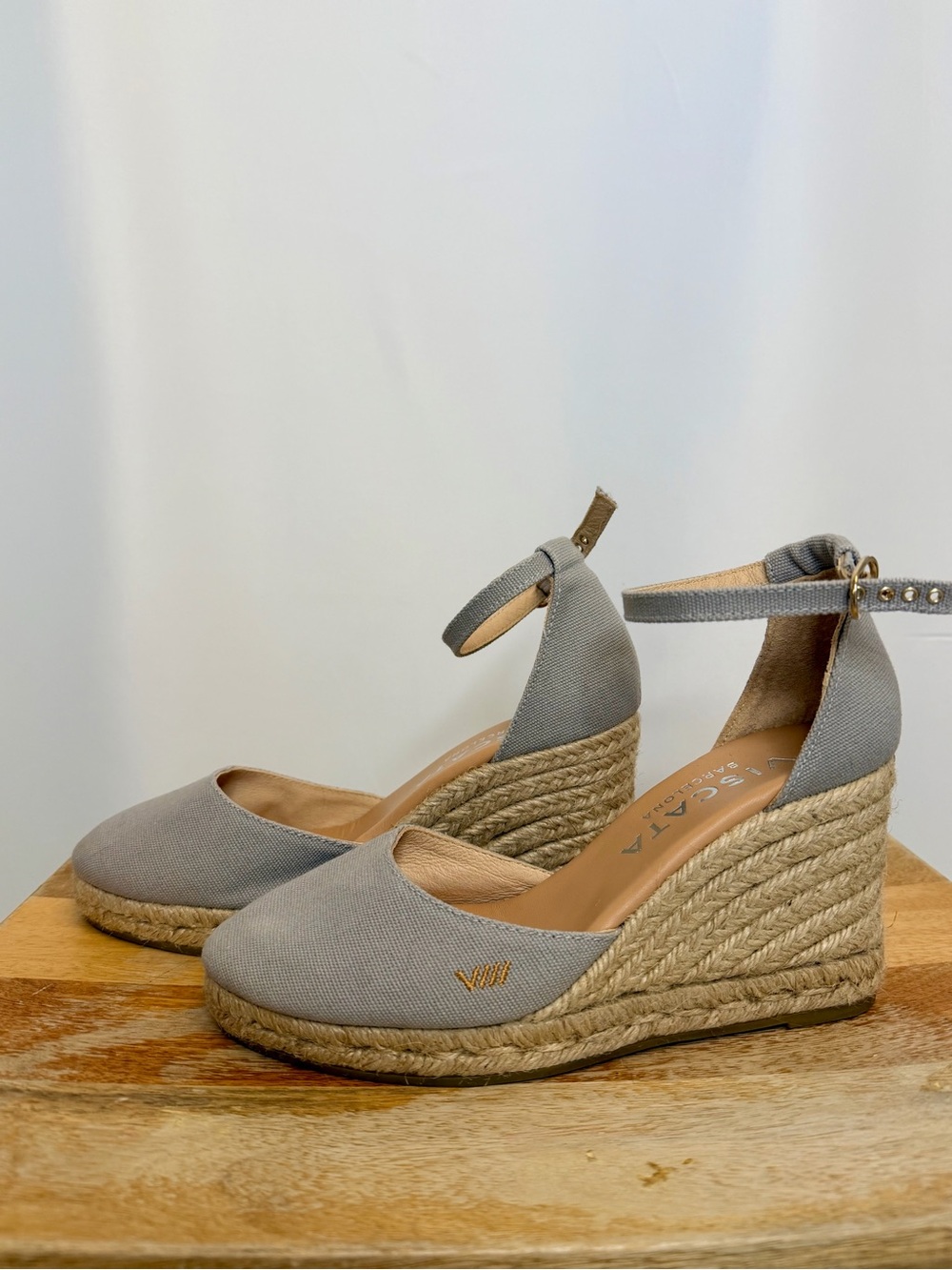 Canvas Espadrille Wedge Ankle-Strap Shoes - Gray